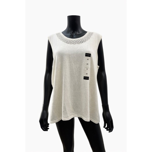 Liz Claiborne Woman Cream Linen Blend Tank Top 2X Crochet Neckline‎ NWT - Picture 3 of 9